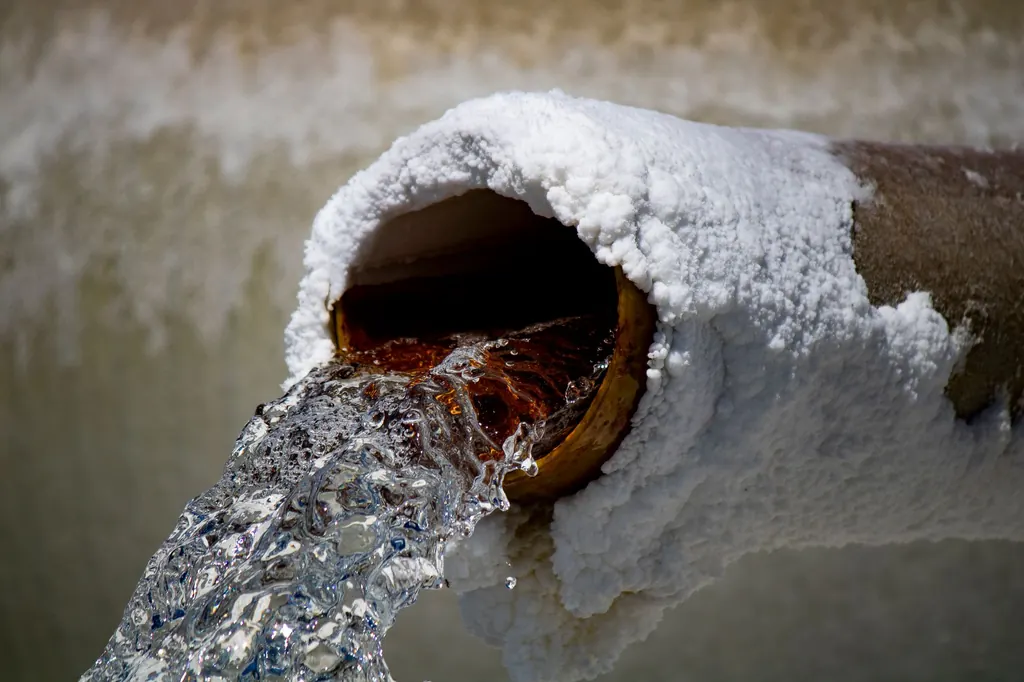 White salt and mineral deposits on a pipe from hard water — signs of hard water in Allen