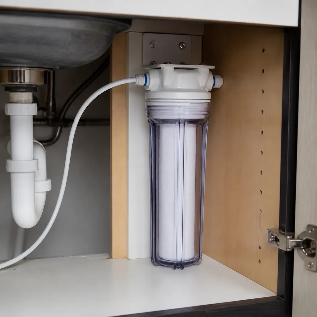 Under-sink water filter canister with neat plumbing — recommended for Airdrie hard water treatment