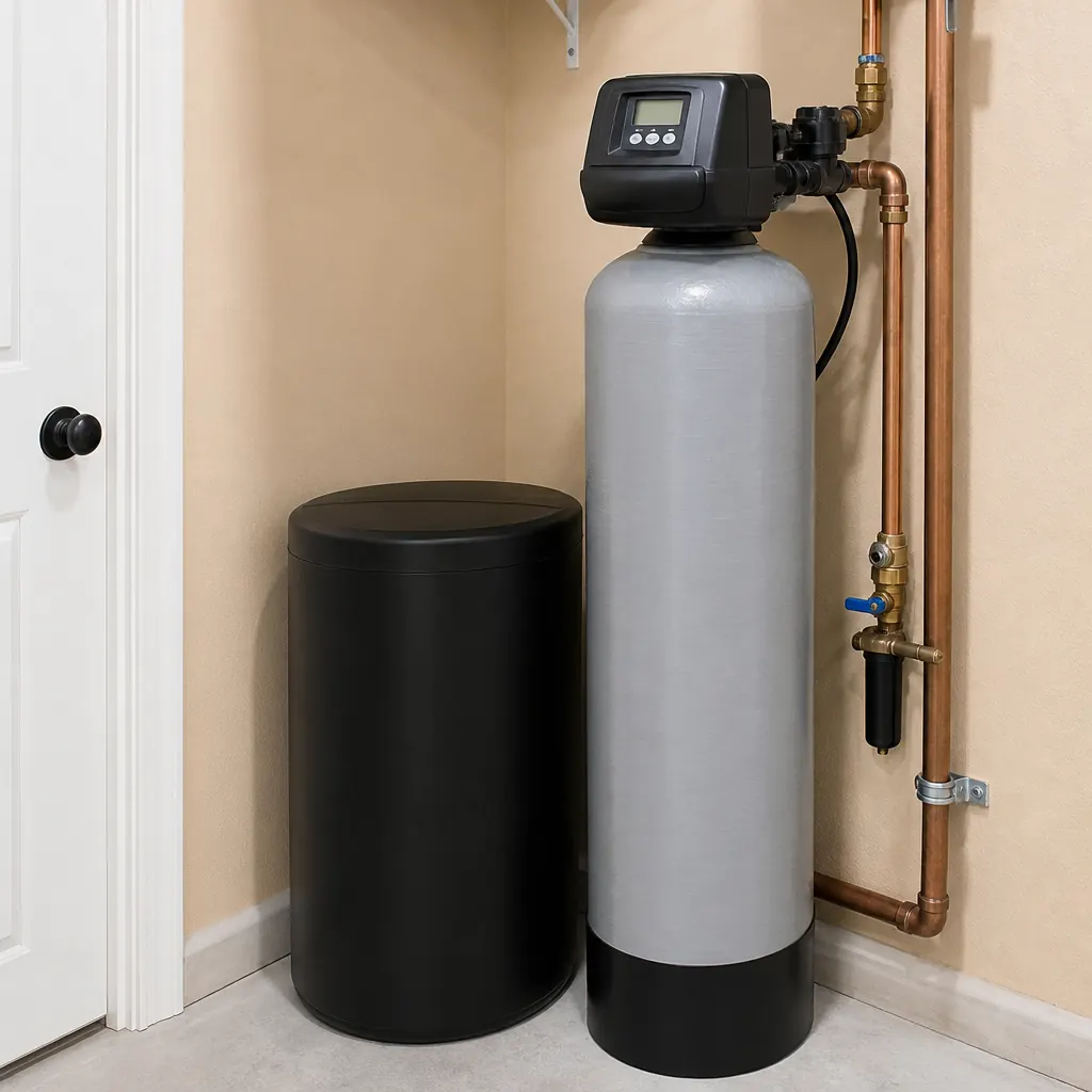 Whole-house water softener brine tank and resin tank installed — recommended for Allen hard water treatment