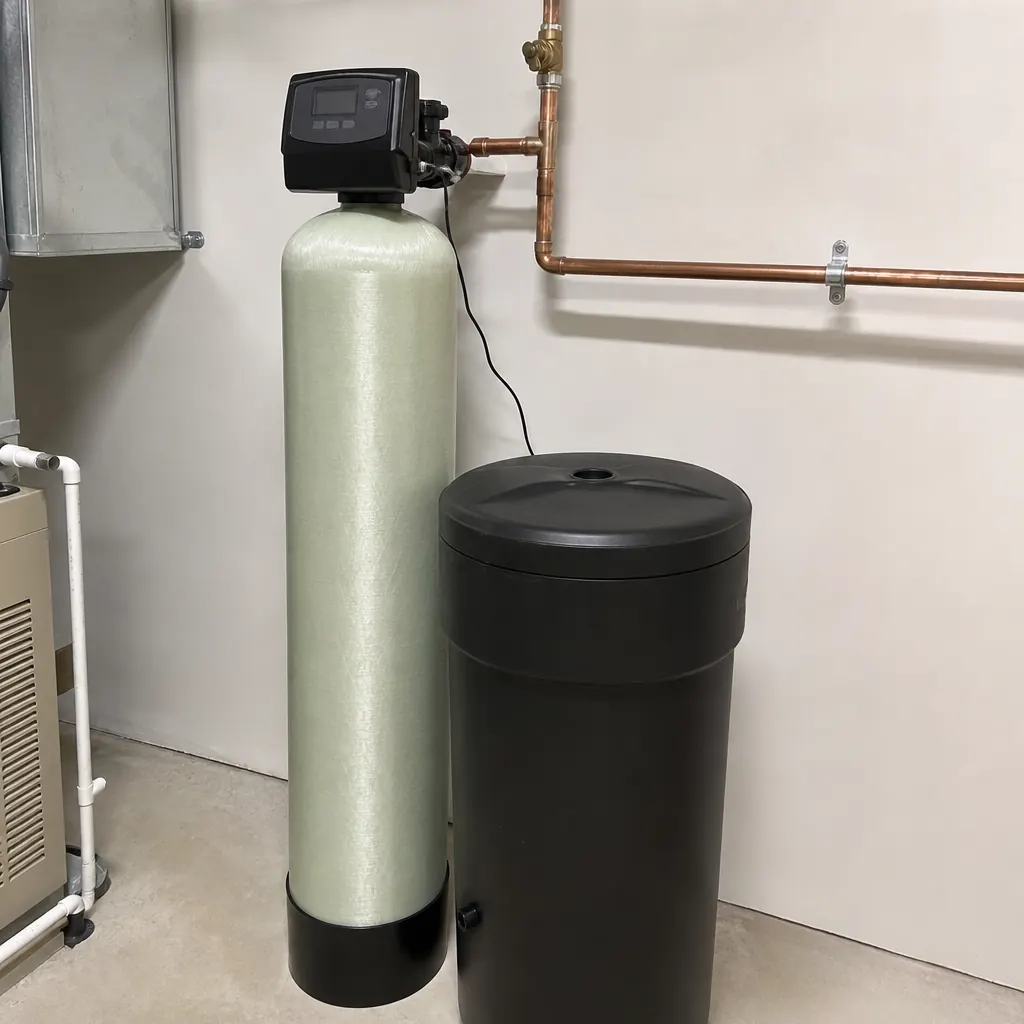 Installed whole-house water softener with resin and brine tanks — recommended for Annaheim hard water treatment